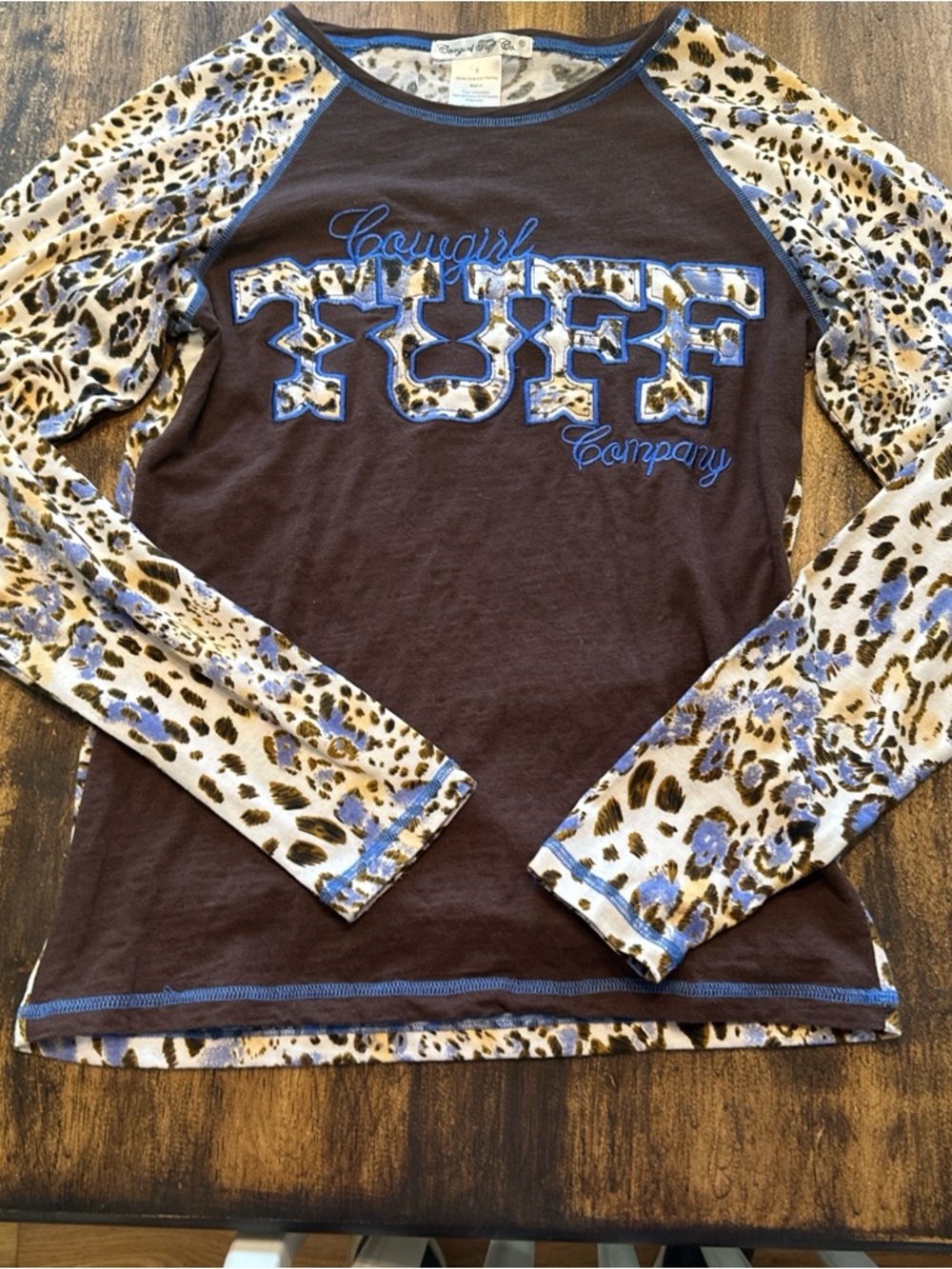 Cowgirl Tuff Brown Top with Blue-Accented Leopard Raglan Sleeves
